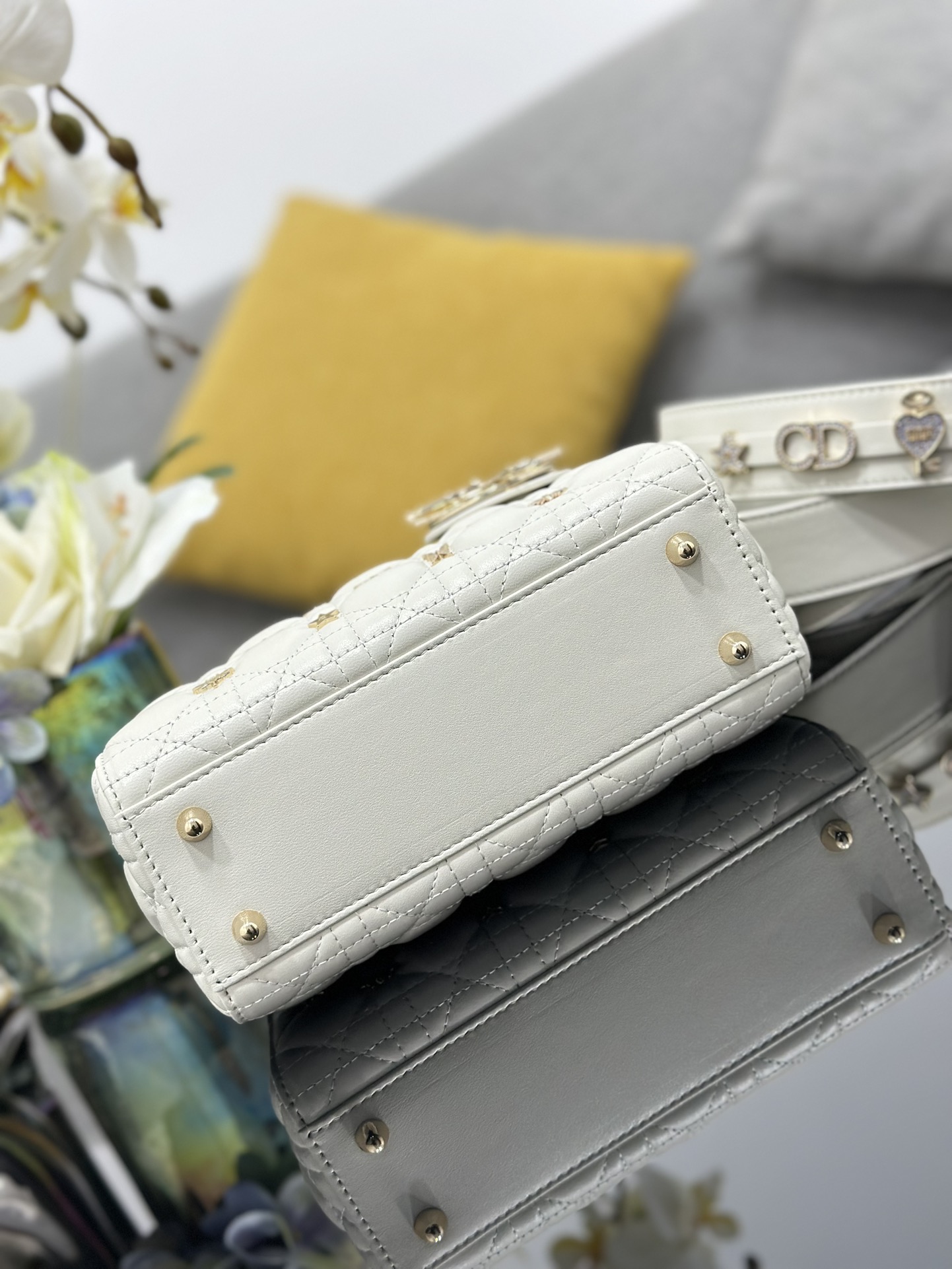 Small Lady Dior Bag White Lambskin with Dragonfly Nail